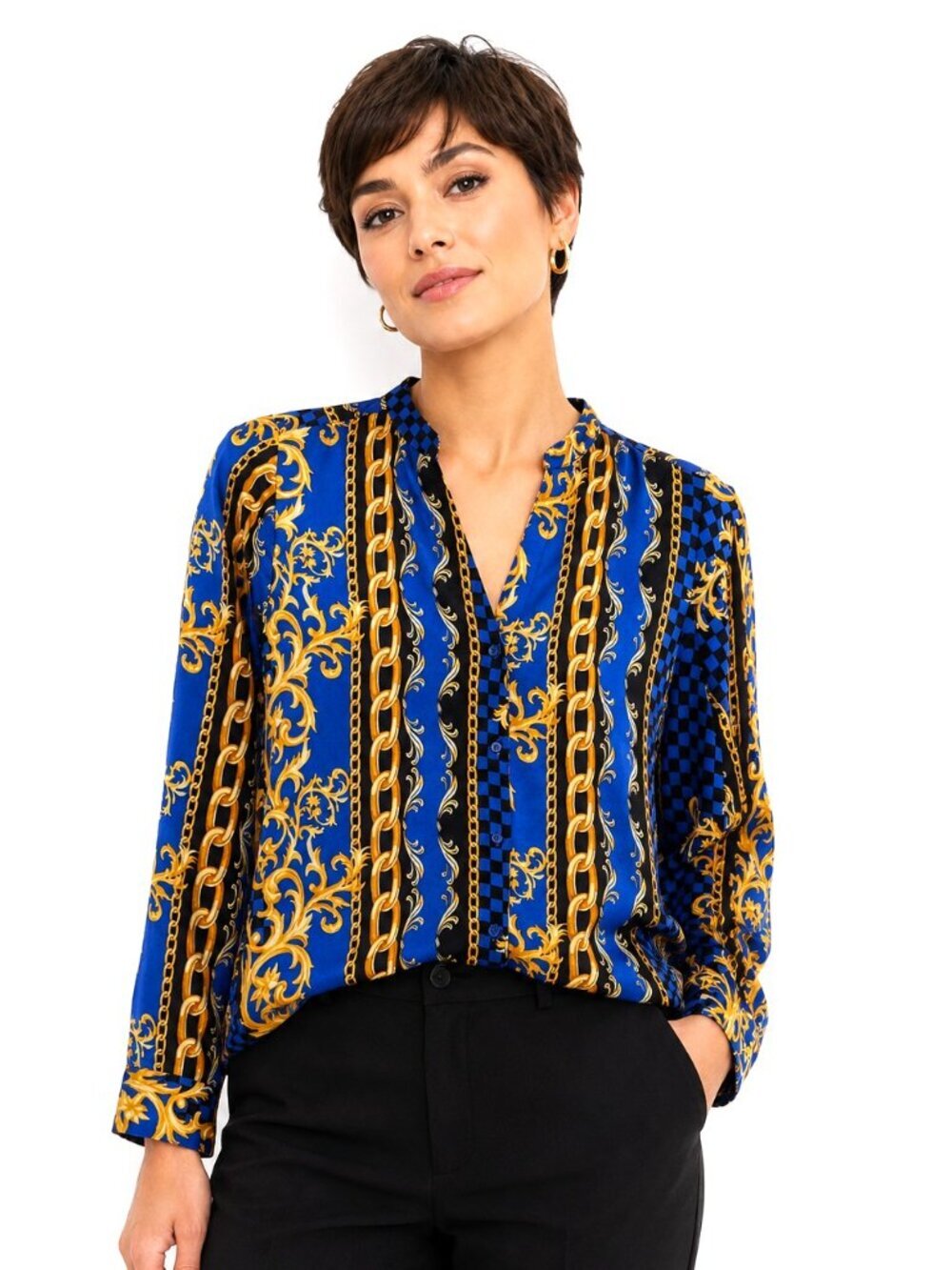 Akira Blue Gold Chain Print Long Sleeve Blouse
